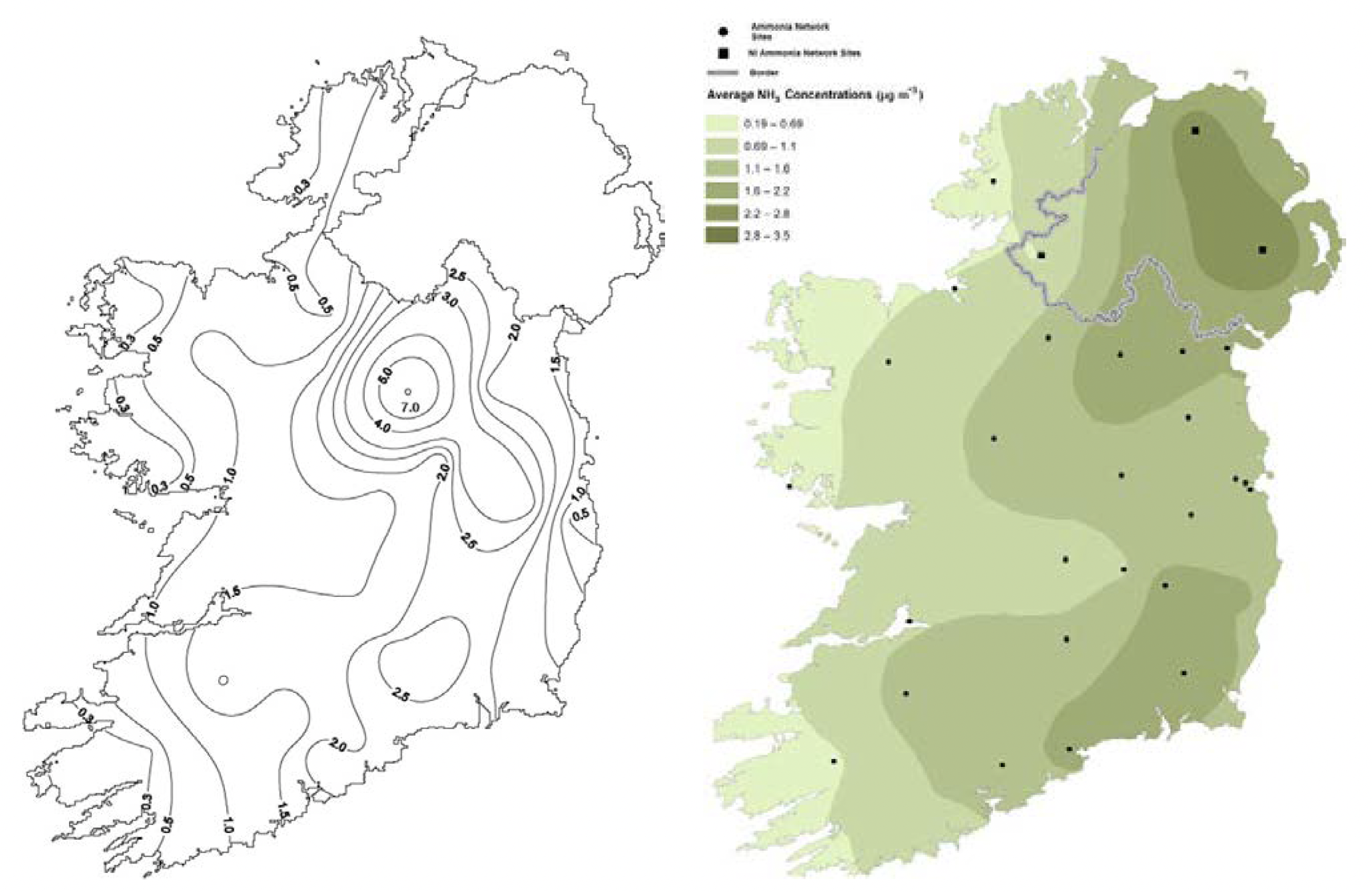 Ammonia 1, Ammonia 2 concentrations maps, Ireland
